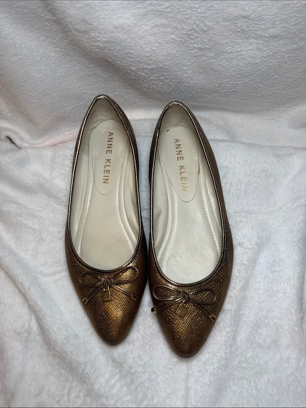 Anne Klein Metallic Bronze Pointed Ballet Flats with Bow